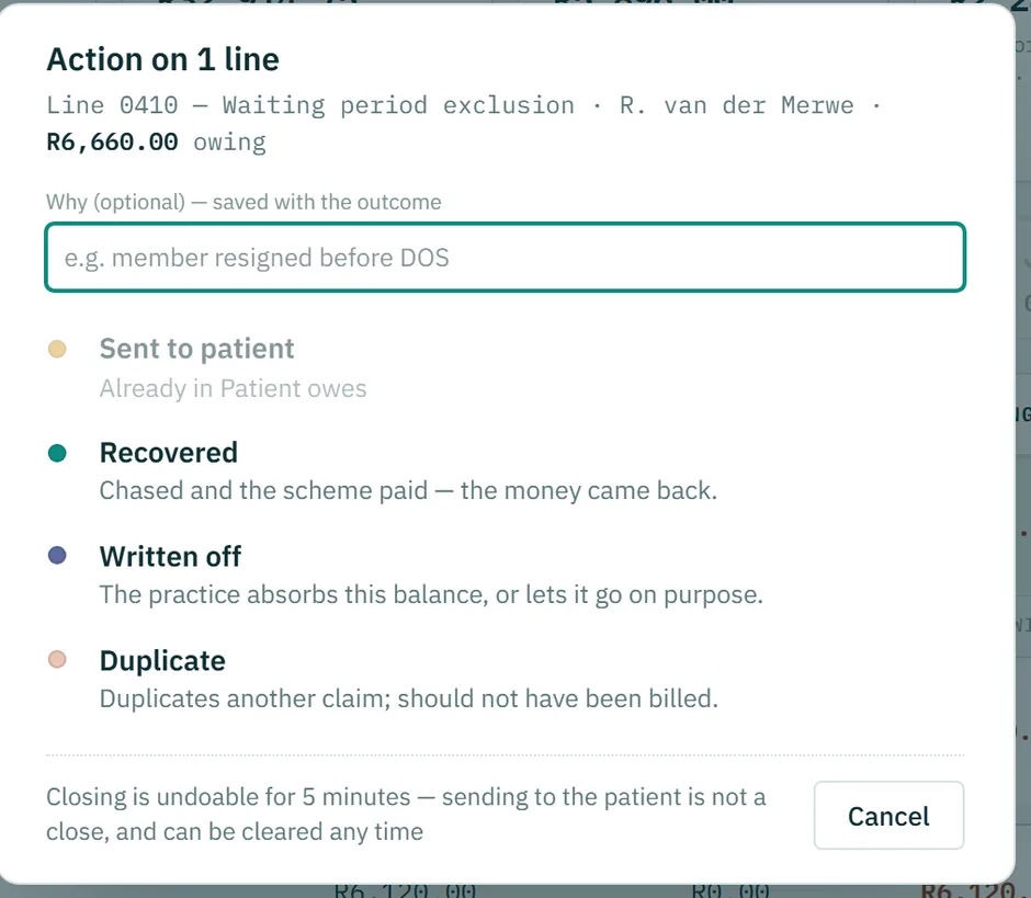 The action panel on a single claim line, offering sent to patient, recovered, written off or duplicate, with a note field